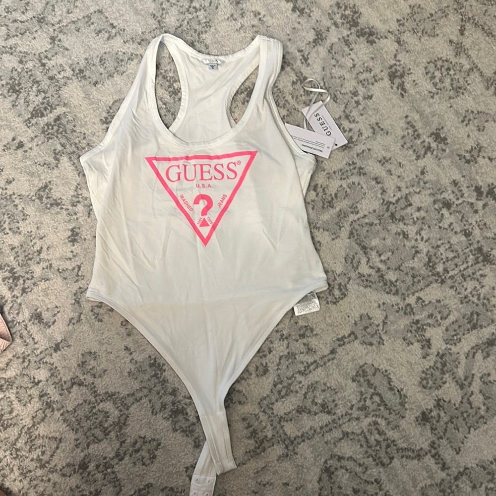 Guess Logo Bodysuit in White and Pink